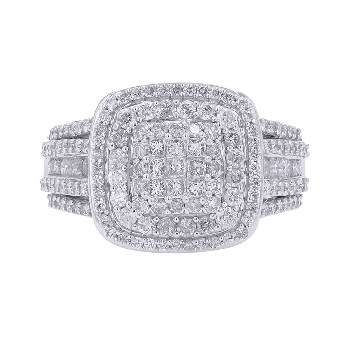 10K white gold diamond cluster ring with 2 carat total weight

Close-up of diamond cluster setting showcasing maximum sparkle

Statement diamond ring in polished white gold

Side profile of white gold cluster diamond ring

Luxury 2 CTW diamond ring for special occasions