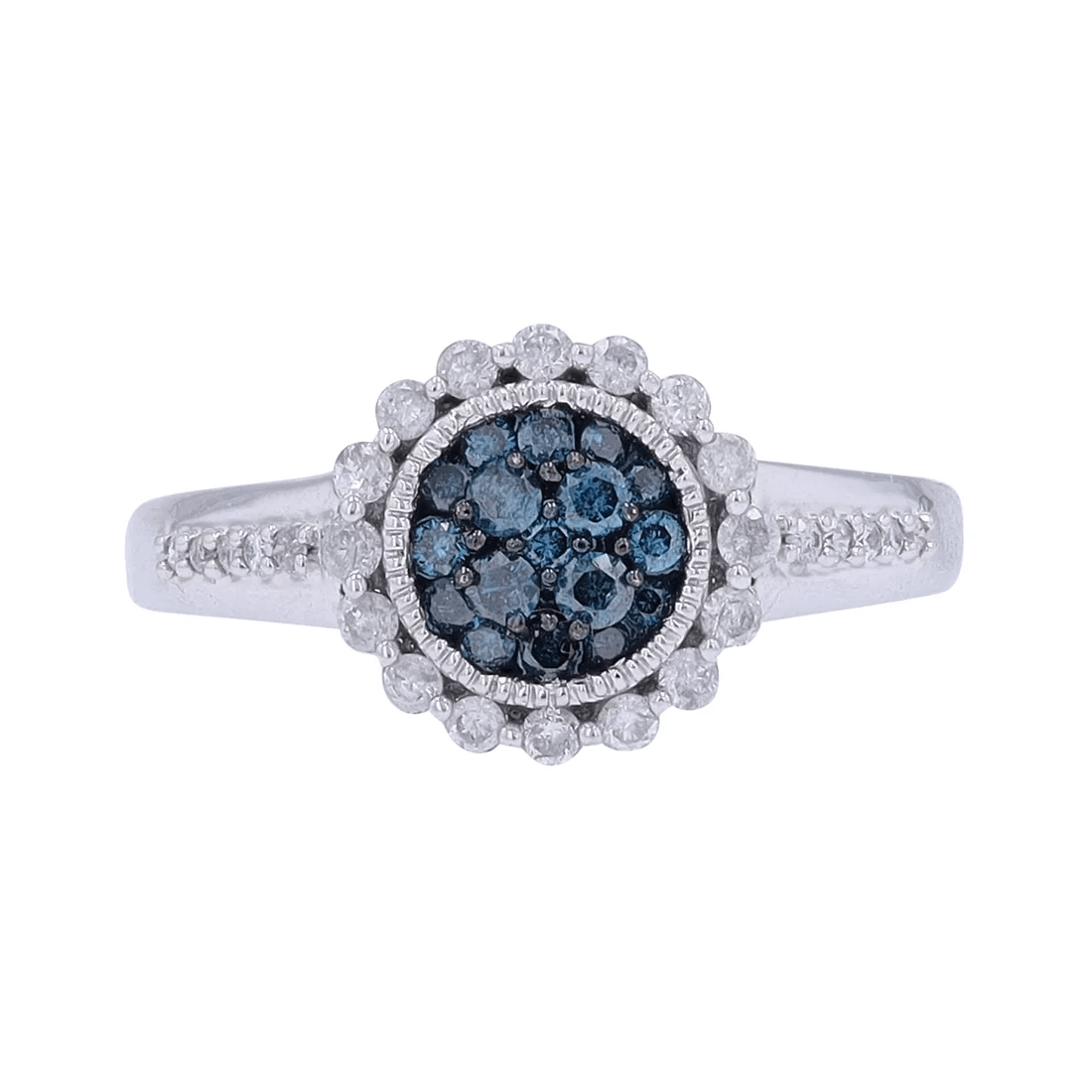 10K white gold blue and white diamond ring with 1/2 carat total weight

Close-up of blue and white diamonds set in polished white gold

Elegant blue diamond ring with contrasting white diamonds

Side view of diamond ring showcasing detailed stone setting

Luxury blue and white diamond ring in 10K white gold