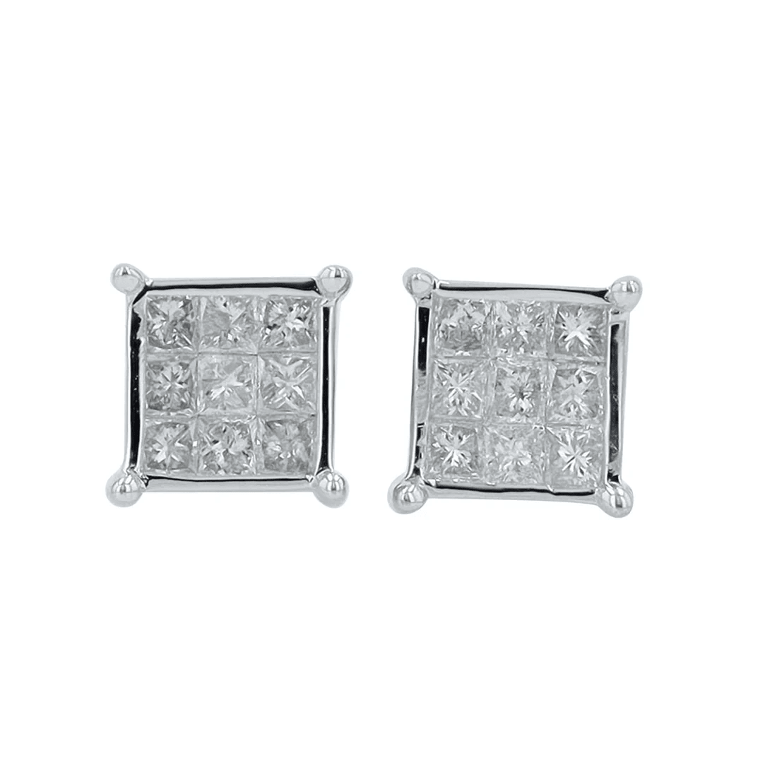 10K gold .25 CTW diamond square stud earrings

Square diamond stud earrings in polished gold

Close-up of prong-set square diamond studs

Modern diamond stud earrings for everyday wear

Minimalist gold diamond square studs