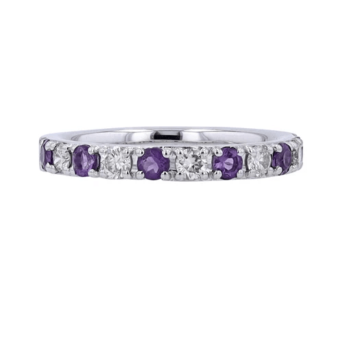 Metal Type: 10K Gold (White Gold shown; additional colors available)

Gemstones: Amethyst & Diamonds

Total Color Weight: 0.40–0.50 carats

Total Diamond Weight: 0.40 carats

Dimensions: Classic band profile

Setting Style: Gemstone and diamond band

Backing: Not applicable (ring)

Occasion: Everyday Wear, Anniversary, Wedding Band, Gift