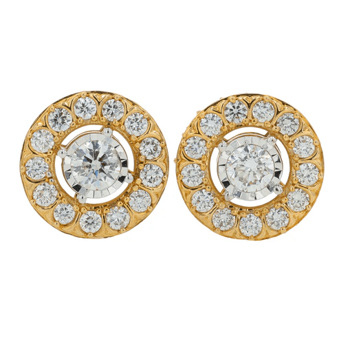 2 carat lab grown diamond halo stud earrings in 10K gold

Lab grown diamond halo earrings close-up sparkle detail

Ethical diamond halo studs with secure prong setting

Luxury lab diamond halo earrings on white background

10K gold lab grown diamond earrings push-back closure