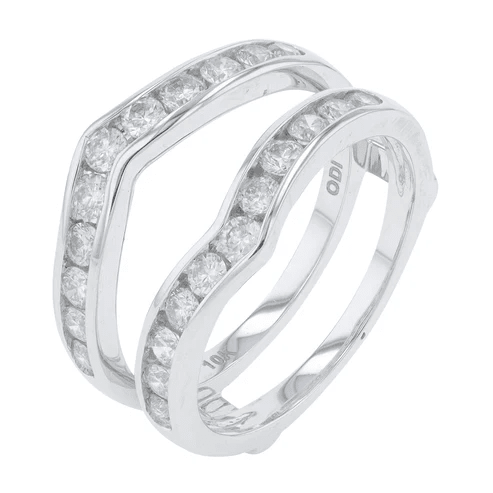 1 ctw diamond ring guard in 10K white gold

White gold diamond ring enhancer framing engagement ring

Diamond ring guard enhancer with brilliant stones

Bridal diamond ring guard in polished white gold

Elegant engagement ring enhancer with diamonds